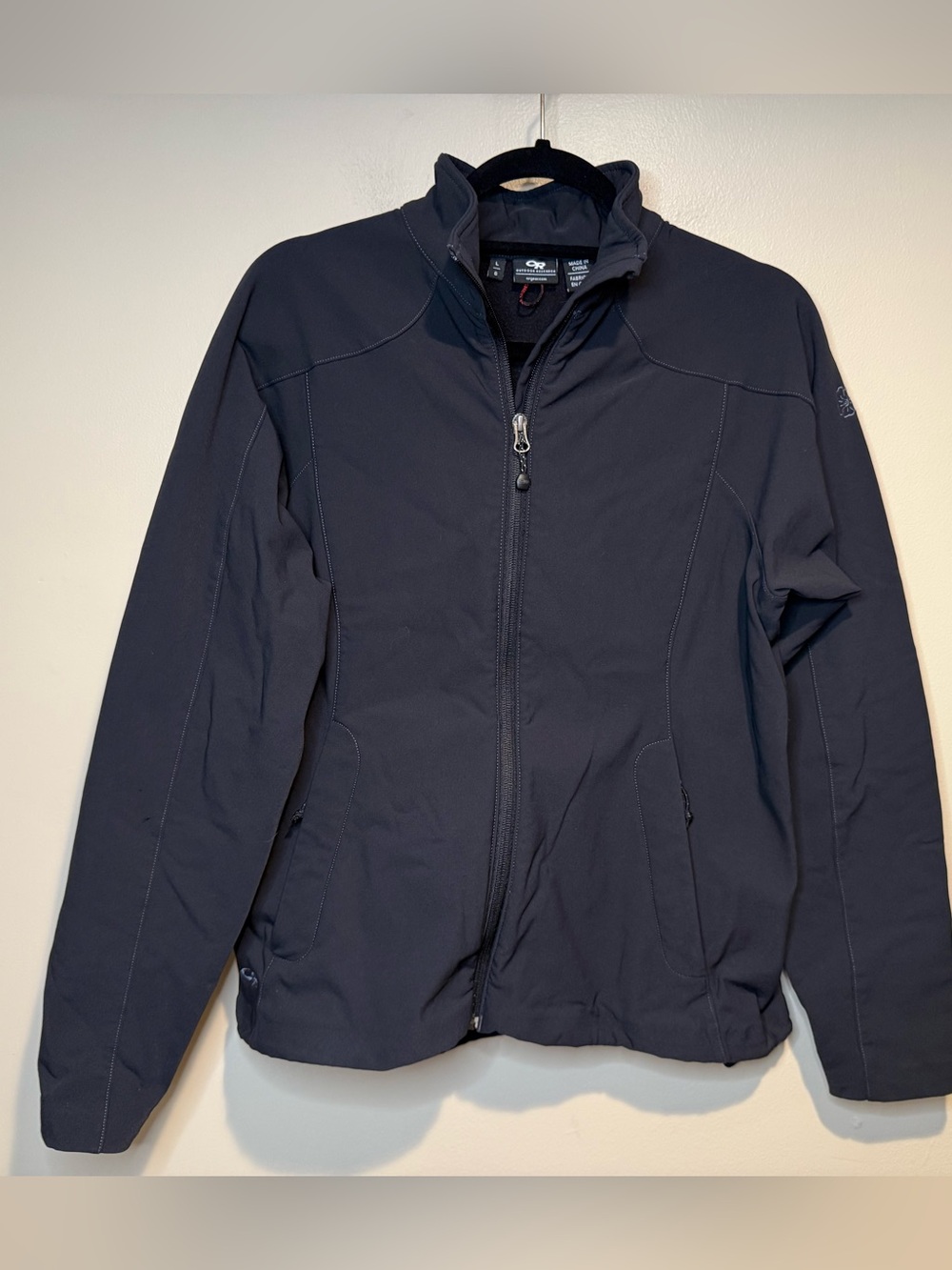 Outdoor Research women’s Black Fleece Lined Zip Up Hooded Soft Shell Jacket Sz L